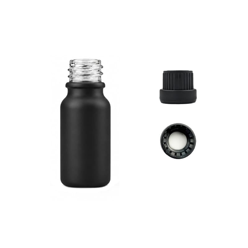10ml Matte Black Glass Dropper Bottle with Tamper Evident Ribbed Black Cap and EPE Liner (Type III)