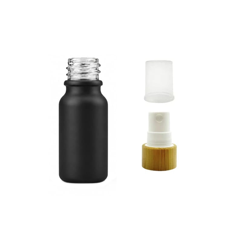 10ml Matte Black Glass Dropper Bottle with White Atomiser with Bamboo Collar and Clear Over Cap
