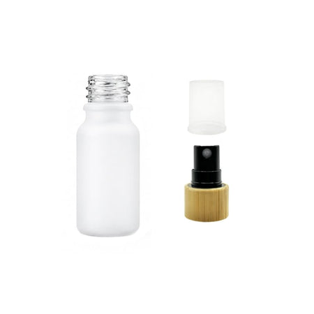 10ml Matte White Glass Dropper Bottle with Black Atomiser with Bamboo Collar and Clear Over Cap