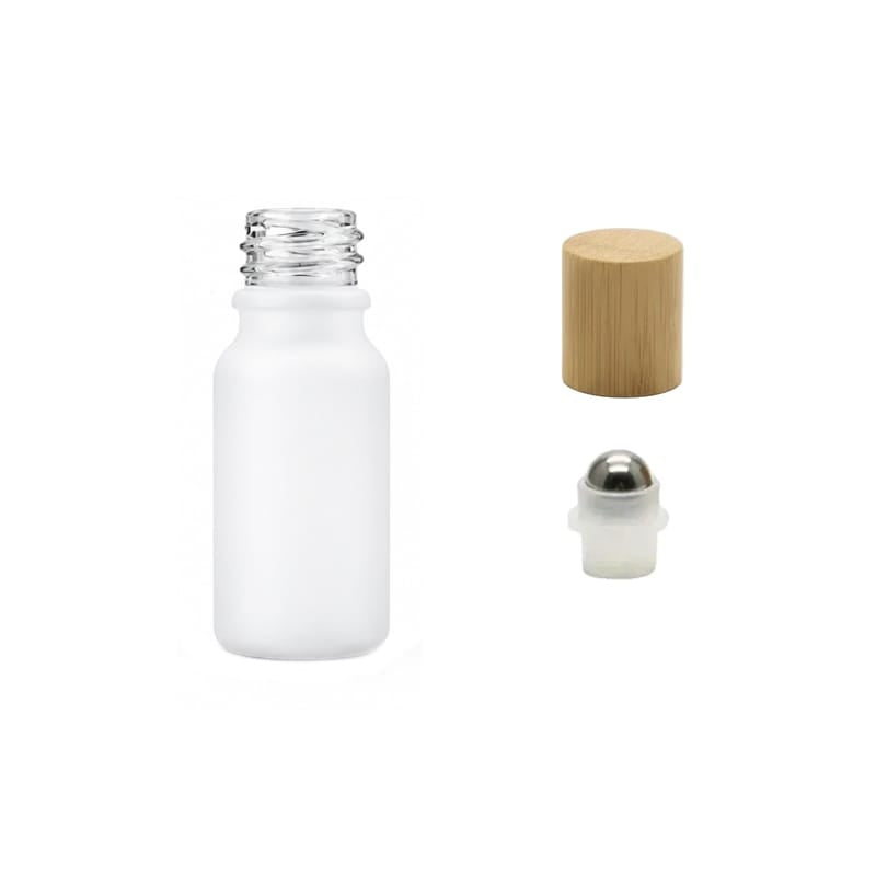 10ml Matte White Glass Dropper Bottle with Stainless Steel Roller Ball Insert with Bamboo Cap