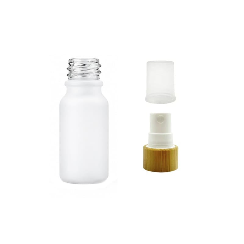 10ml Matte White Glass Dropper Bottle with White Atomiser with Bamboo Collar and Clear Over Cap