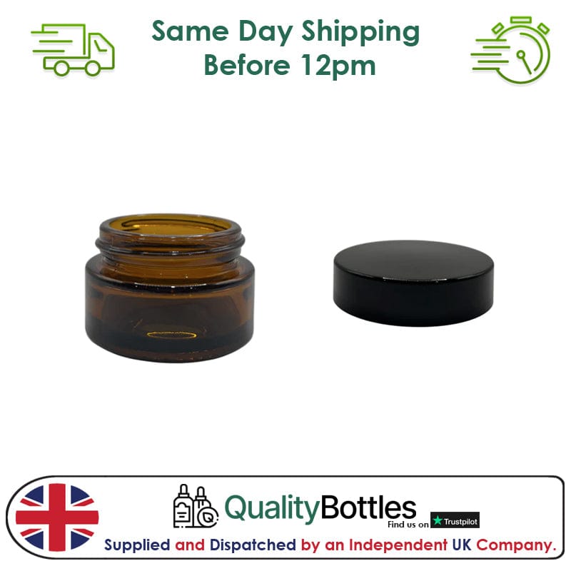 20ml Amber Glass Jar With Black ABS Lid - Pack of 15