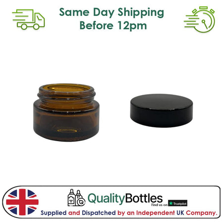 20ml Amber Glass Jar With Black ABS Lid - Pack of 15