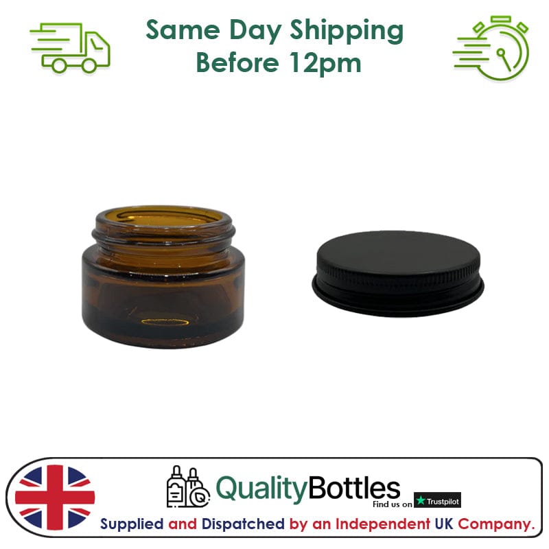 20ml Amber Glass Jar With Matte Black Aluminium Lid - Pack of 15