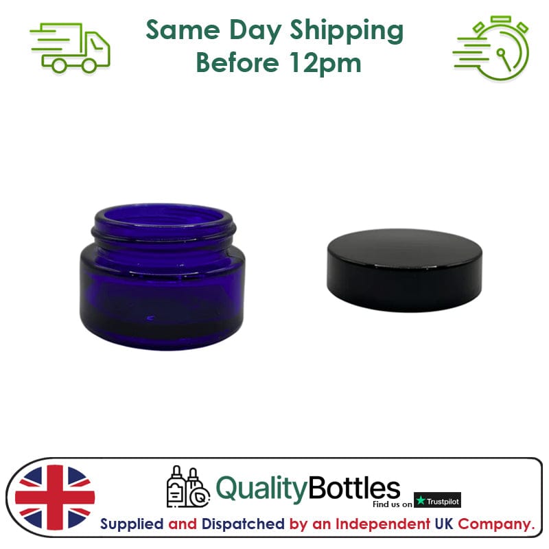 20ml Blue Glass Jar With Black ABS Lid - Pack of 15