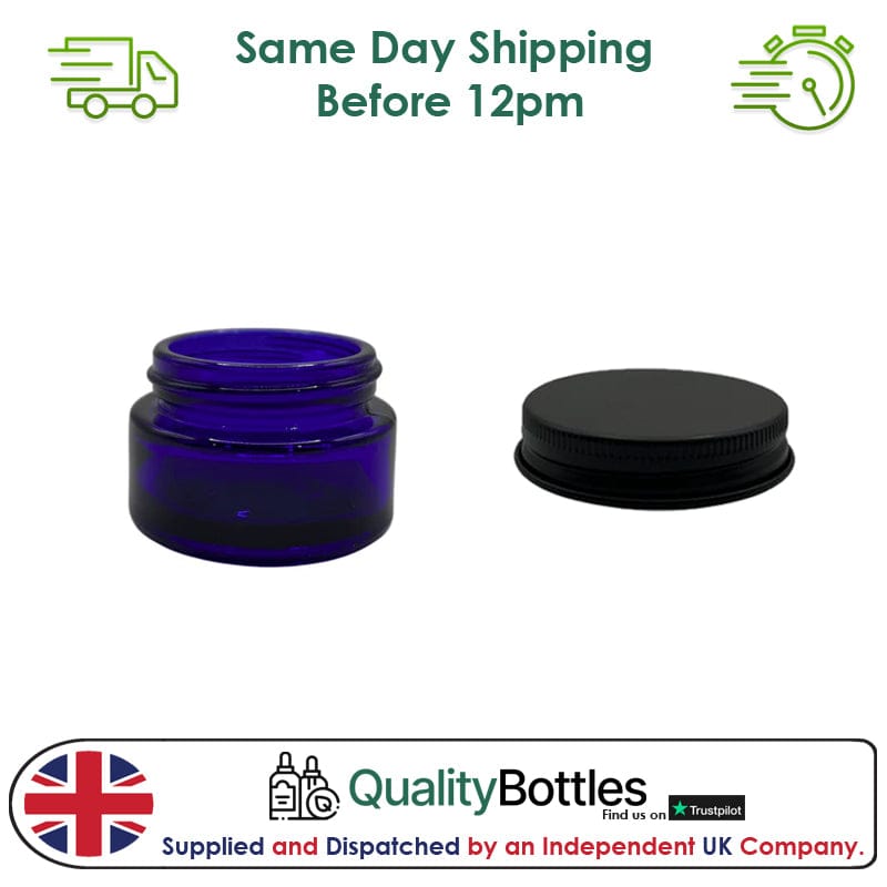 20ml Blue Glass Jar With Matte Black Aluminium Lid - Pack of 15