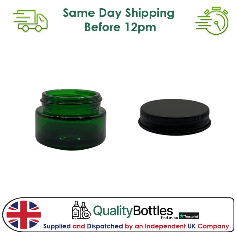 20ml Green Glass Jar With Matte Black Aluminium Lid - Pack of 15
