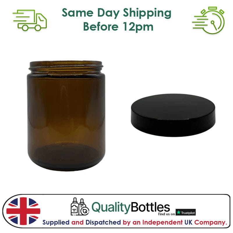 250ml Amber Glass Jar With Black PP Lid - Pack of 15