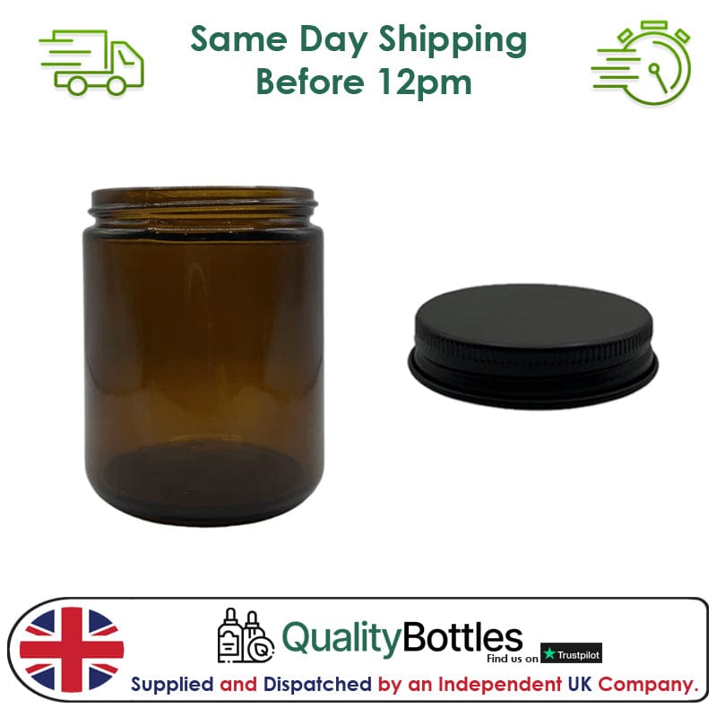 250ml Amber Glass Jar With Matte Black Aluminium Lid - Pack of 15