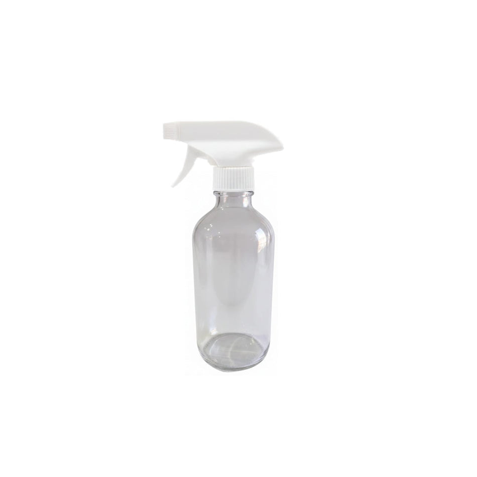 250ml Clear Boston Bottle with White Trigger Spray Nozzle