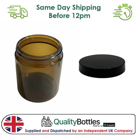 250ml Premium Amber Glass Jar With Black PP Lid - Pack of 15