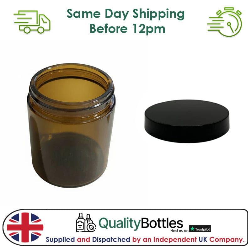 250ml Premium Amber Glass Jar With Black PP Lid - Pack of 15