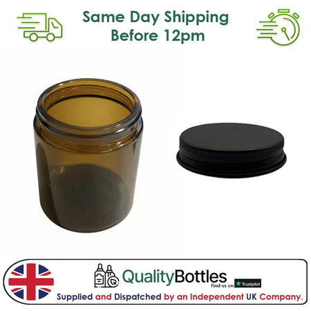250ml Premium Amber Glass Jar With Matte Black Aluminium Lid - Pack of 15