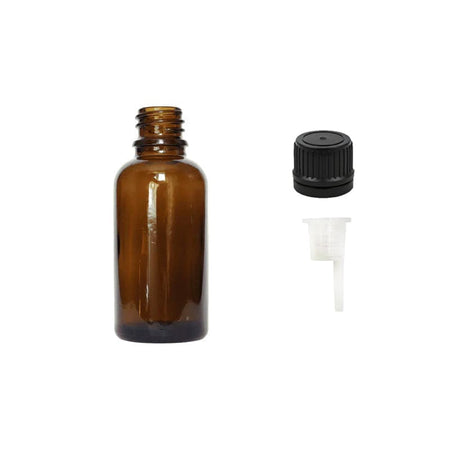 30ml Amber Glass Dropper Bottle with 0.6mm Dripper Insert and Tamper Evident Black Cap (Type II)