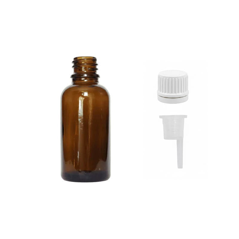 30ml Amber Glass Dropper Bottle with 0.6mm Dripper Insert and Tamper Evident White Cap (Type II)