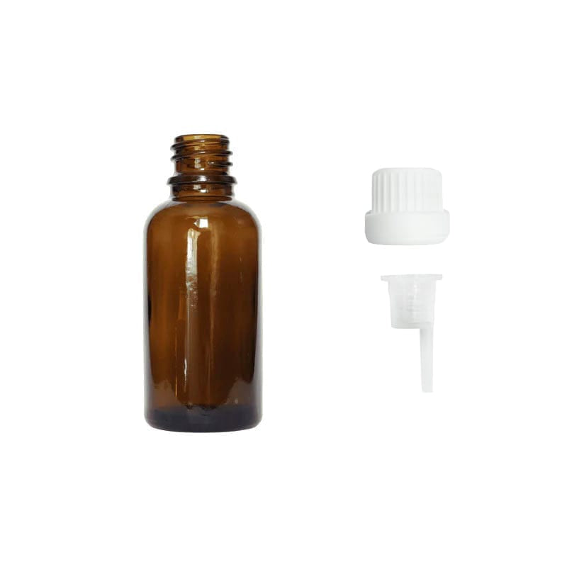 30ml Amber Glass Dropper Bottle with 0.6mm Dripper Insert and Tamper Evident White Cap (Type III)