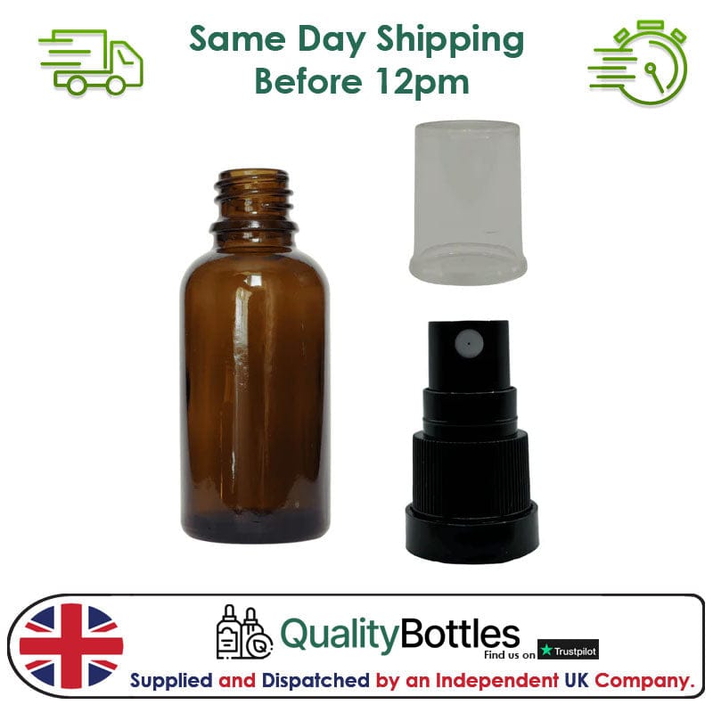 30ml Amber Glass Dropper Bottle with 30ml Black TE Atomiser - Pack of 12