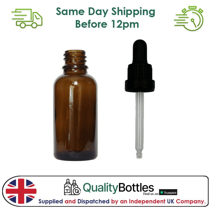 30ml Amber Glass Dropper Bottle with 30ml Black TE BEP - Pack of 12