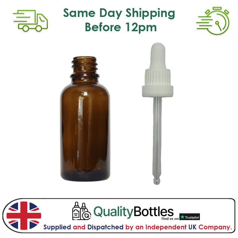 30ml Amber Glass Dropper Bottle with 30ml White TE BEP - Pack of 12