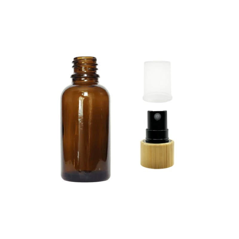 30ml Amber Glass Dropper Bottle with Black Atomiser with Bamboo Collar and Clear Over Cap