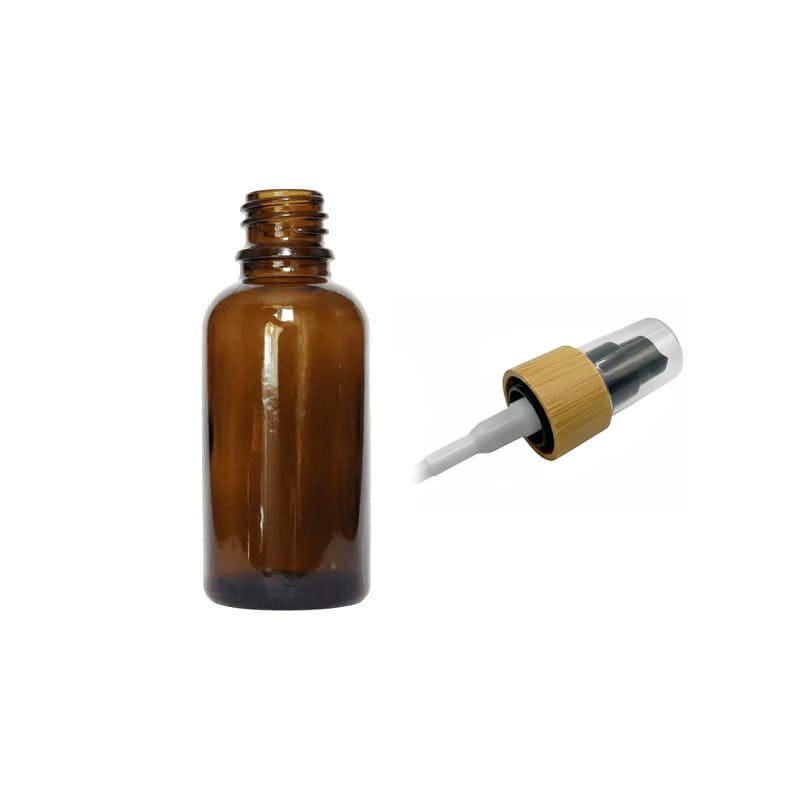 30ml Amber Glass Dropper Bottle with Black Lotion Pump with Bamboo Collar and Clear Over Cap