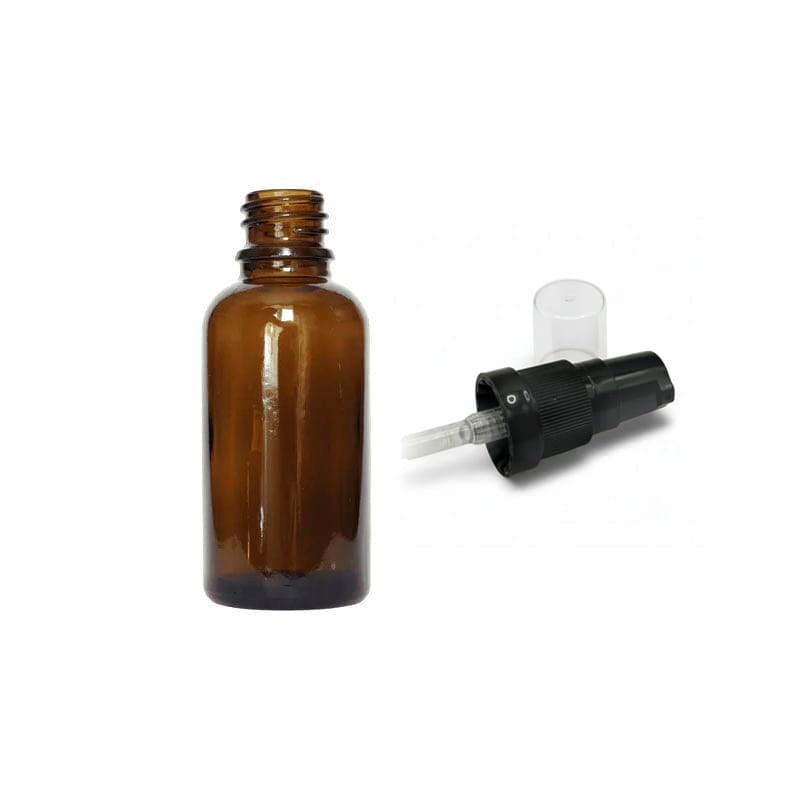 30ml Amber Glass Dropper Bottle with Black Tamper Evident Lotion Pump and Clear Over Cap (Type III)