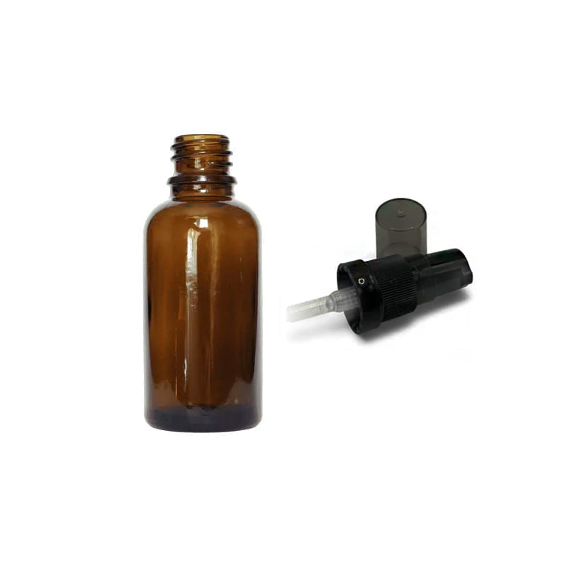 30ml Amber Glass Dropper Bottle with Black Tamper Evident Lotion Pump and Smoke Tinted Over Cap (Type III)