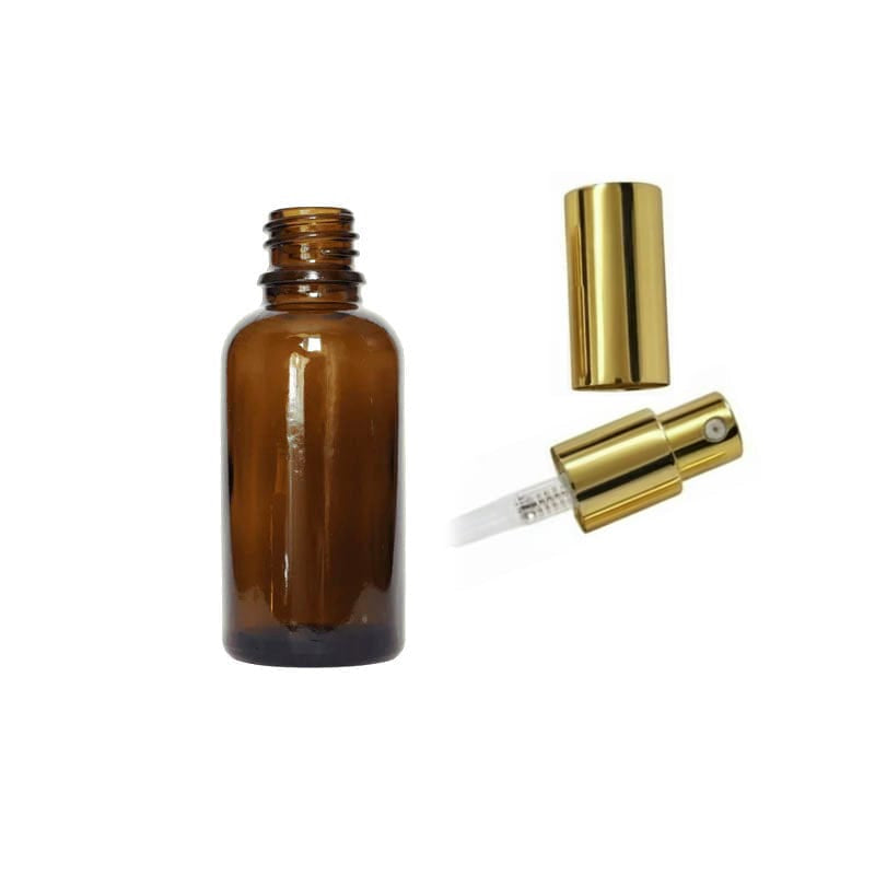 30ml Amber Glass Dropper Bottle with Gold Lotion Pump with Gold Over Cap