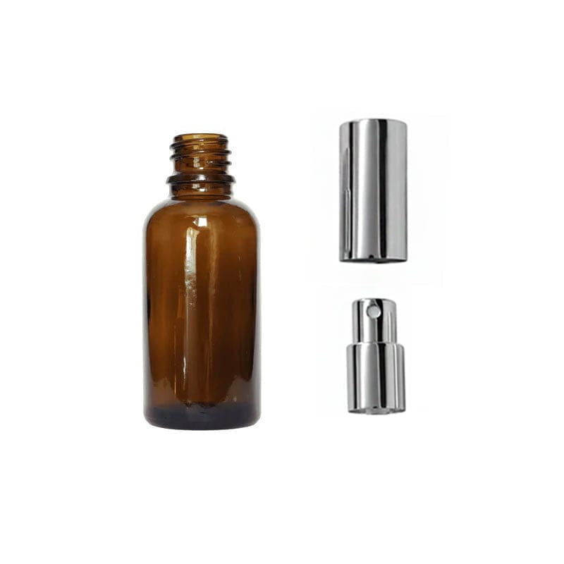 30ml Amber Glass Dropper Bottle with Silver Atomiser with Silver Over Cap