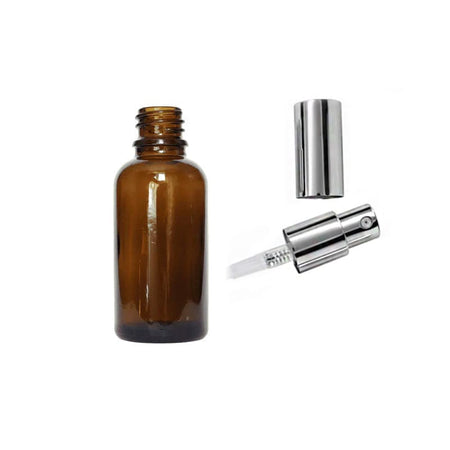 30ml Amber Glass Dropper Bottle with Silver Lotion Pump with Silver Over Cap