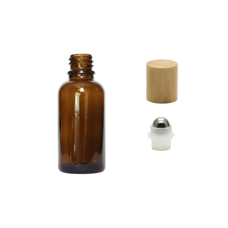 30ml Amber Glass Dropper Bottle with Stainless Steel Roller Ball Insert with Bamboo Cap