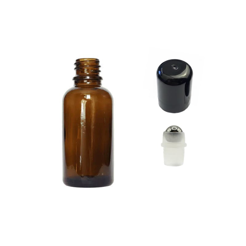 30ml Amber Glass Dropper Bottle with Stainless Steel Roller Ball with Plastic Black Cap