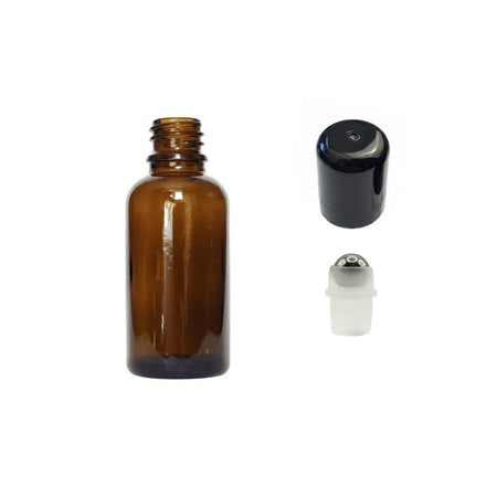30ml Amber Glass Dropper Bottle with Stainless Steel Roller Ball with Plastic Black Cap
