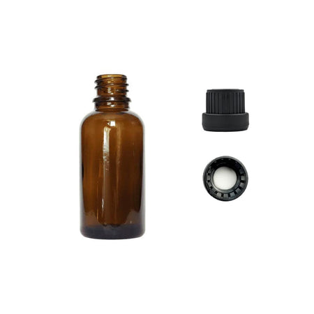 30ml Amber Glass Dropper Bottle with Tamper Evident Ribbed Black Cap and EPE Liner (Type III)