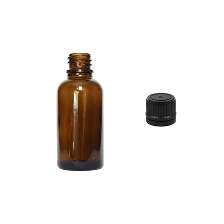 30ml Amber Glass Dropper Bottle with Tamper Evident Ribbed Black Cap (Type II)