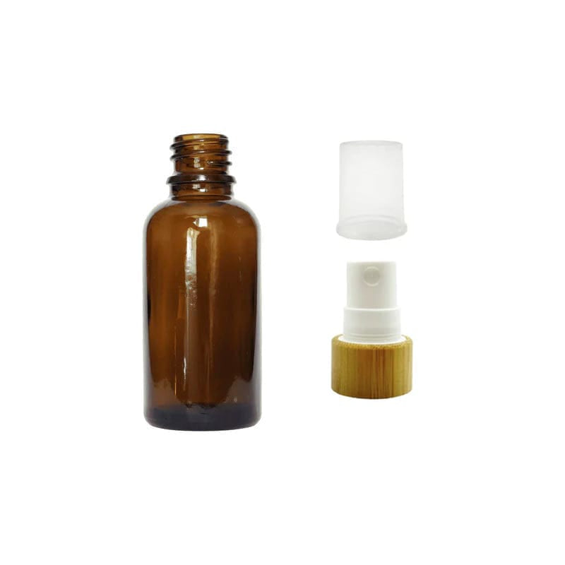 30ml Amber Glass Dropper Bottle with White Atomiser with Bamboo Collar and Clear Over Cap