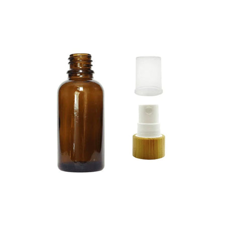 30ml Amber Glass Dropper Bottle with White Atomiser with Bamboo Collar and Clear Over Cap
