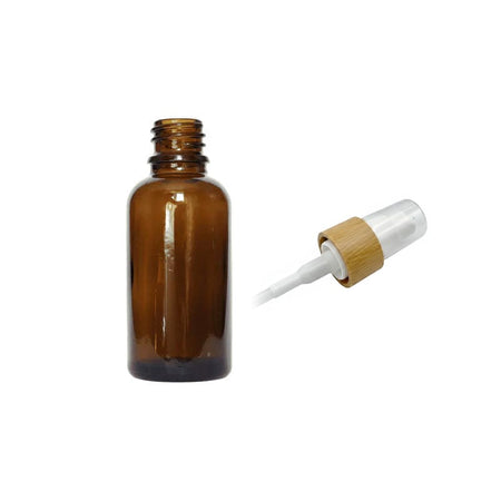 30ml Amber Glass Dropper Bottle with White Lotion Pump with Bamboo Collar and Clear Over Cap