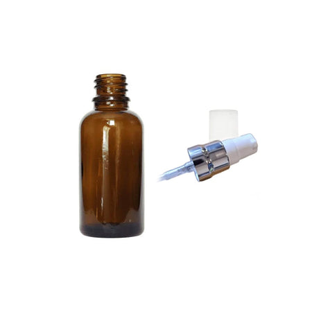 30ml Amber Glass Dropper Bottle with White Lotion Pump with Silver Collar and Clear Over Cap