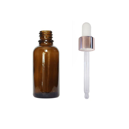 30ml Amber Glass Dropper Bottle with White & Rose Gold Dropper