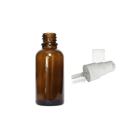 30ml Amber Glass Dropper Bottle with White Tamper Evident Lotion Pump and Clear Over Cap (Type III)
