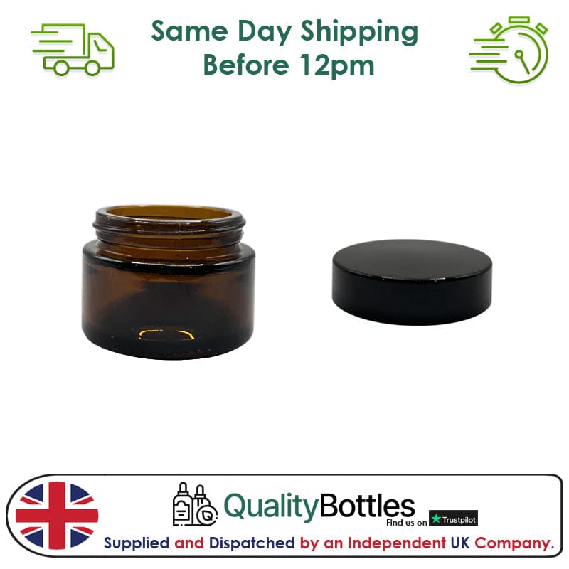 30ml Amber Glass Jar With Black ABS Lid - Pack of 15