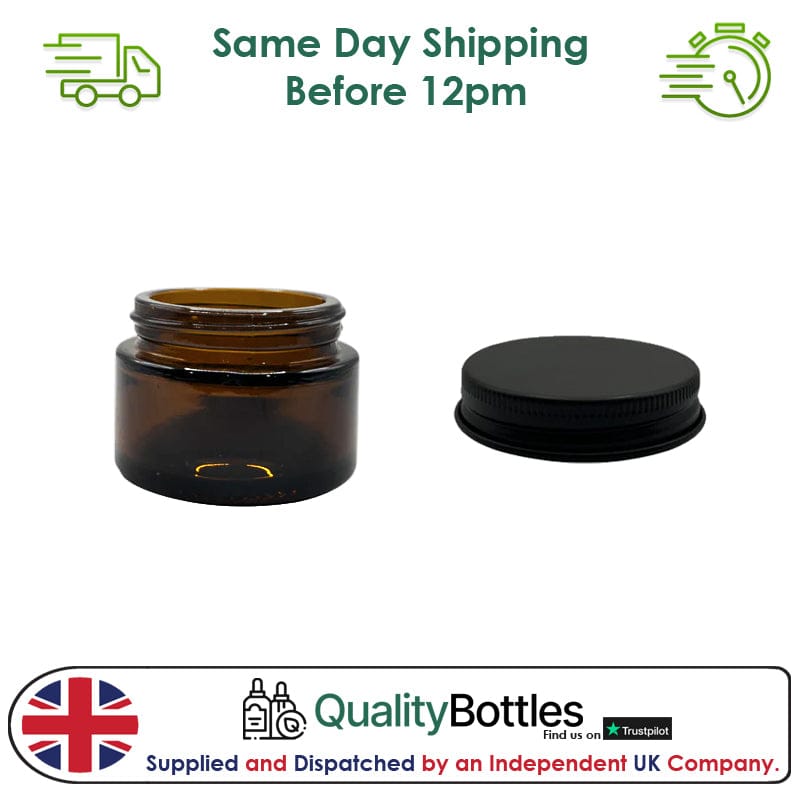 30ml Amber Glass Jar With Matte Black Aluminium Lid - Pack of 15