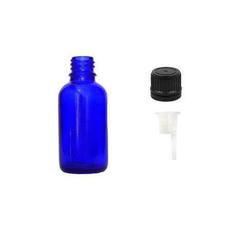 30ml Blue Glass Dropper Bottle with 0.6mm Dripper Insert and Tamper Evident Black Cap (Type II)