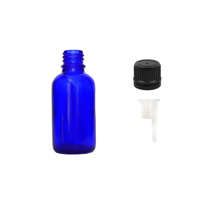 30ml Blue Glass Dropper Bottle with 0.6mm Dripper Insert and Tamper Evident Black Cap (Type II)