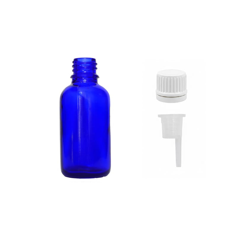 30ml Blue Glass Dropper Bottle with 0.6mm Dripper Insert and Tamper Evident White Cap (Type II)