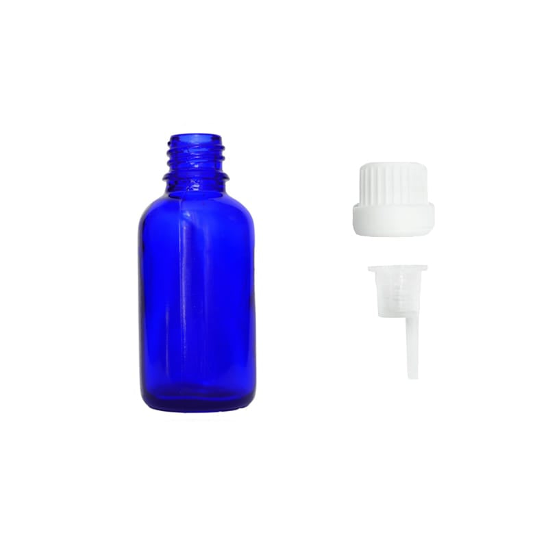 30ml Blue Glass Dropper Bottle with 0.6mm Dripper Insert and Tamper Evident White Cap (Type III)