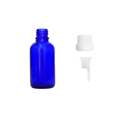 30ml Blue Glass Dropper Bottle with 0.6mm Dripper Insert and Tamper Evident White Cap (Type III)