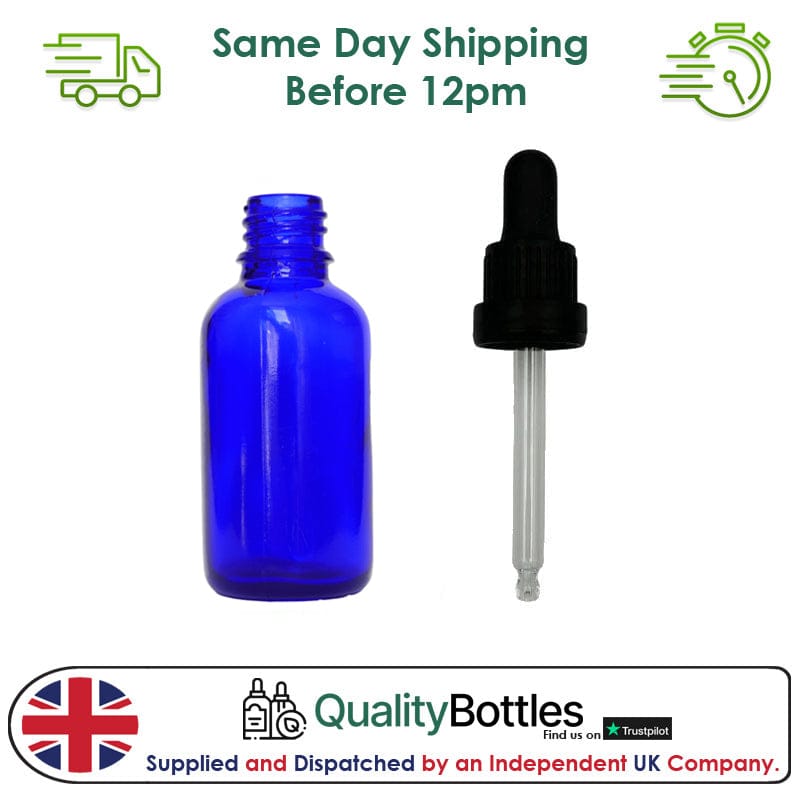 30ml Blue Glass Dropper Bottle with 30ml Black TE BEP - Pack of 12