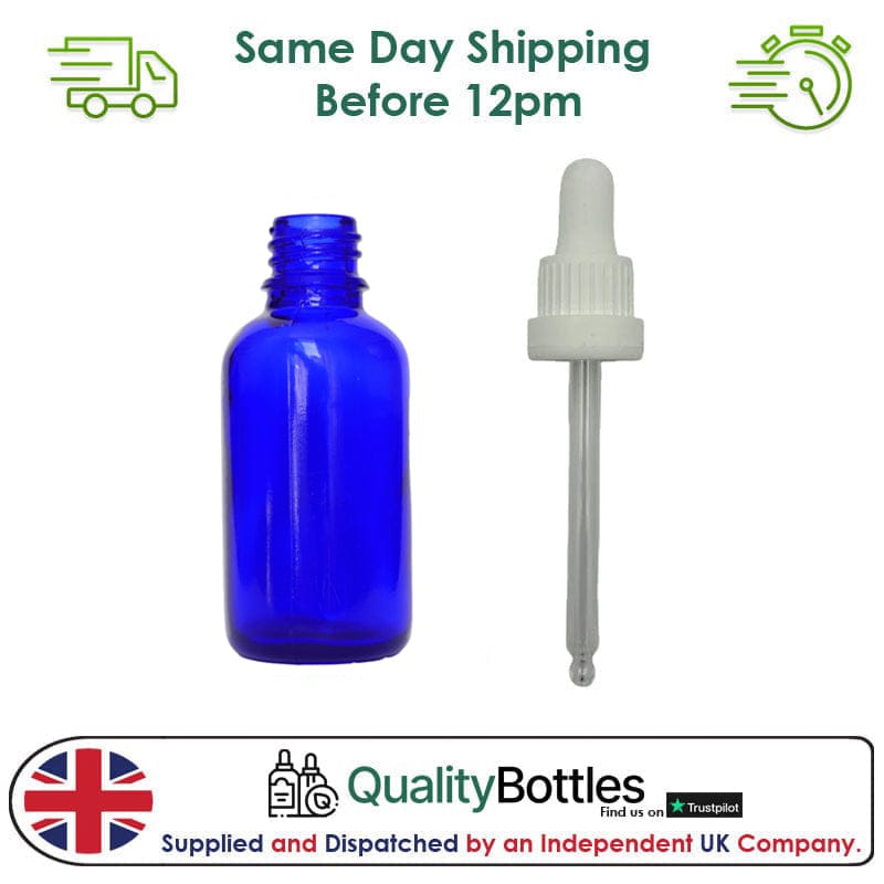 30ml Blue Glass Dropper Bottle with 30ml White TE BEP - Pack of 12